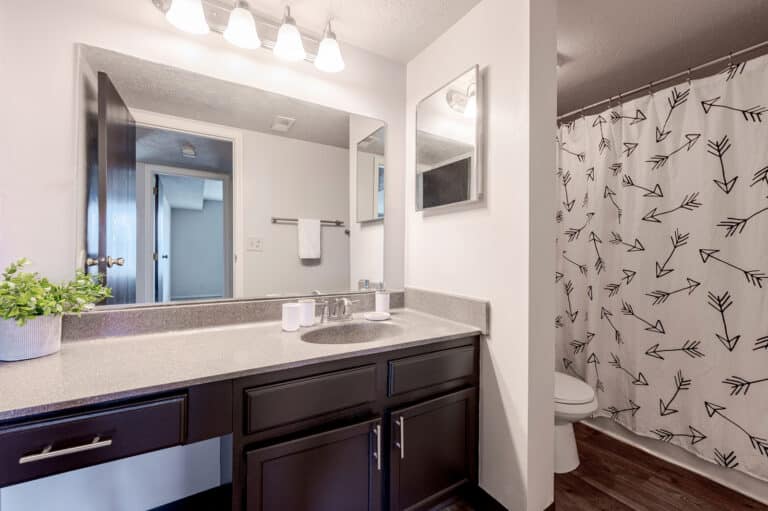 Large bathrooms with modern finishes at our luxury apartments in Miamisburg.